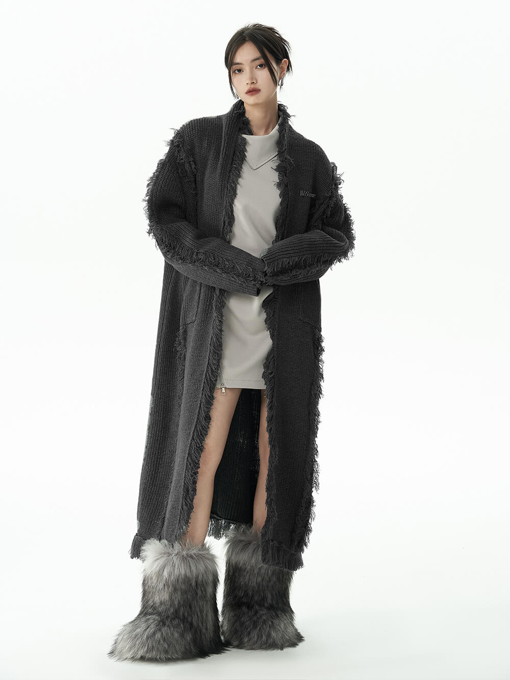 MUKTANK×WESAME LAB Long Fringed Grey Cardigan Sweater Coat-long