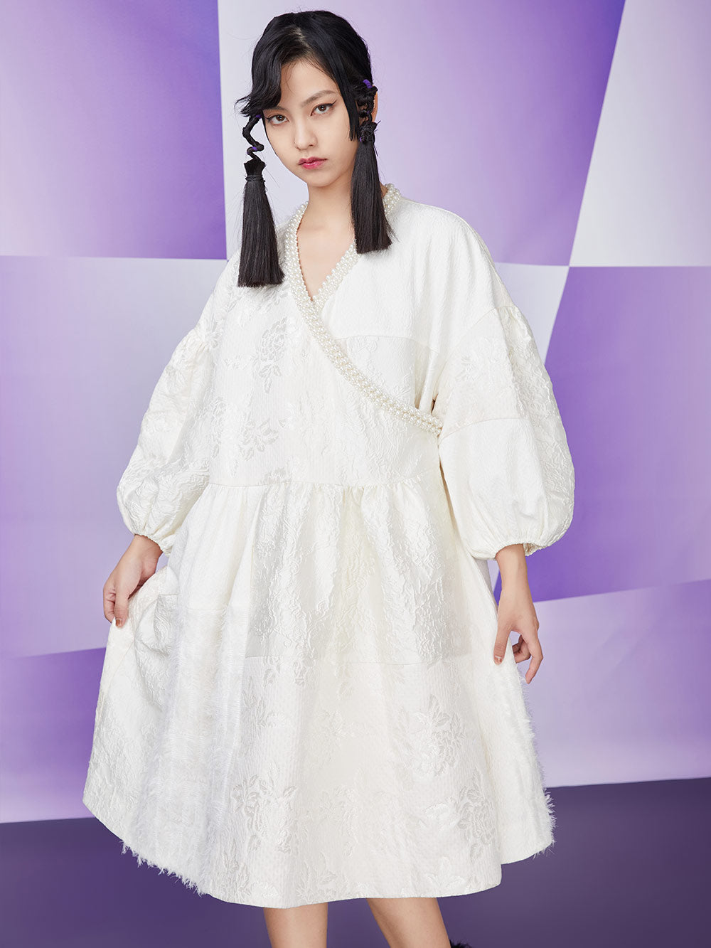 MUKZIN White Retro Jacquard Puff Sleeve Loose Dress