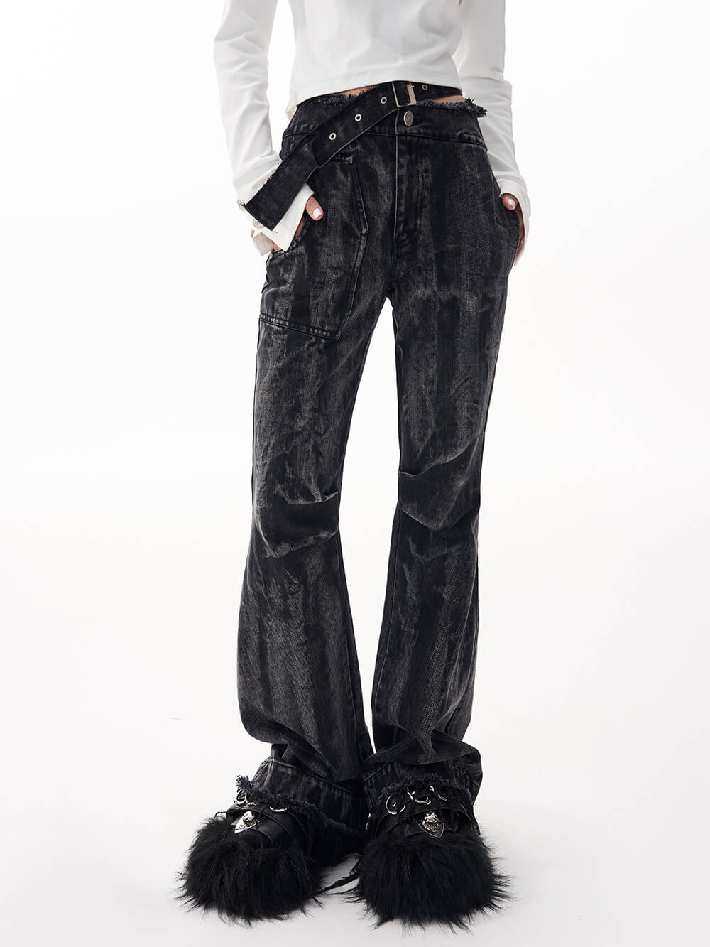 MUKTANK Ⅹ WESAME Retro Slim Casual Tight High Waist Black Denim Flared Pants