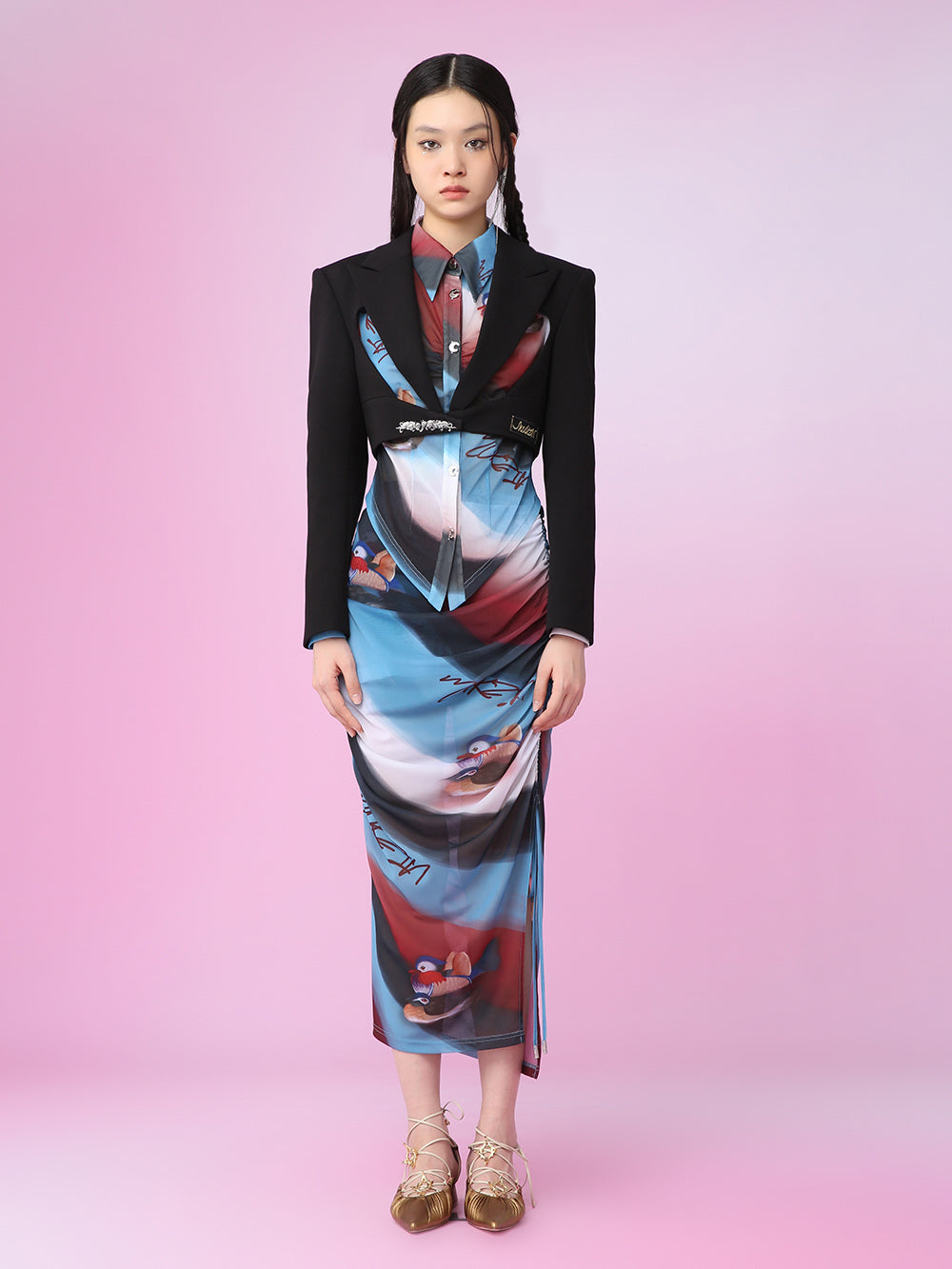 MUKZIN Sheer Fabric Mandarin Duck Print Skirts