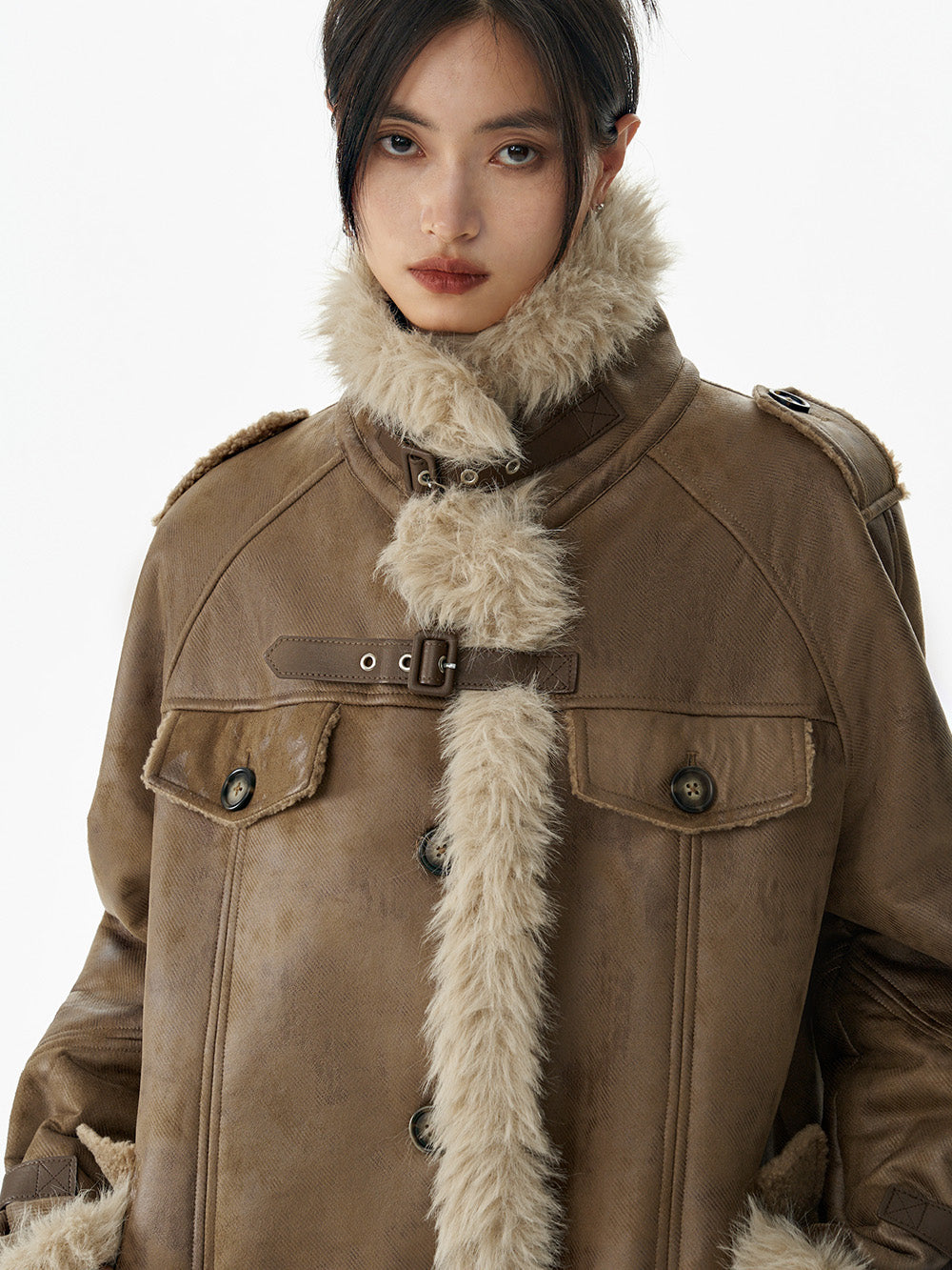MUKTANK×WESAME Brown Fashion Stand Collar Retro Fur Mid-Length Coat