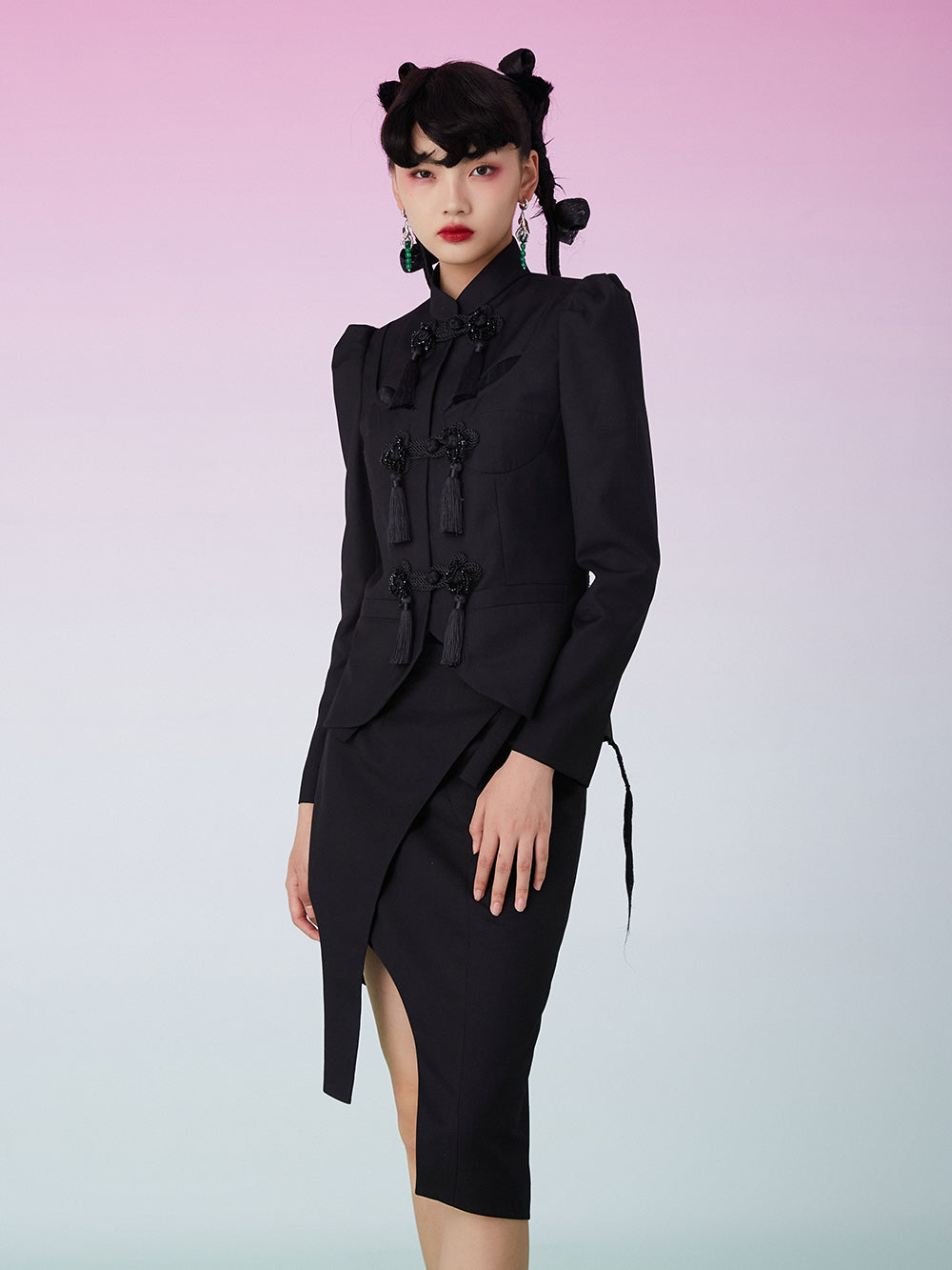 MUKZIN Shoulder Pads Fringe Black Suit Coat