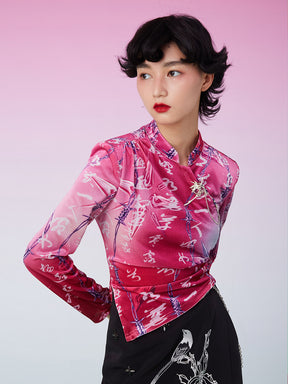 MUKZIN Retro Ruched Print Pink Shirt