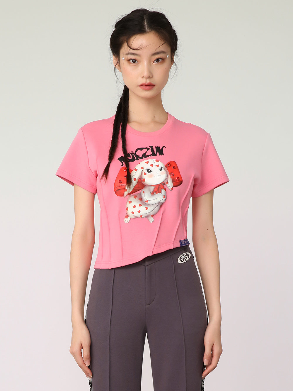 MUKZIN Pink Joint Irregular Hem Design Rabbit T-Shirt