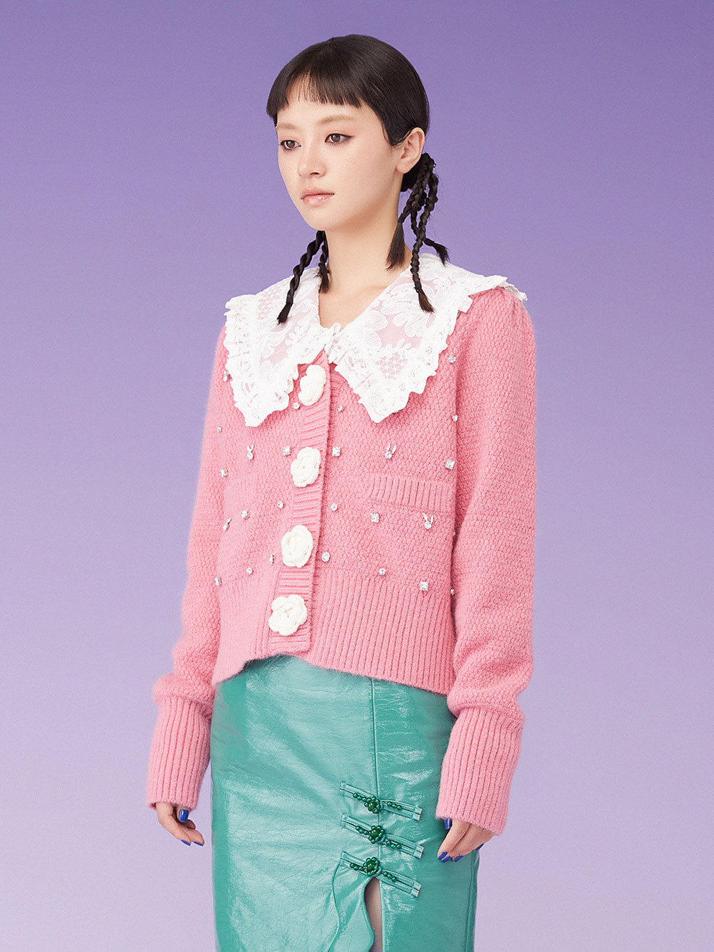 MUKZIN Knit V-Neck Rhinestone Studded Floral Button Pink Sweater
