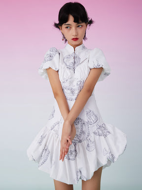 MUKZIN Ruffle Hem White Cheongsam