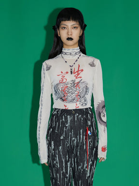 MUKZIN  Gauze Printed Mesh Top T-Shirt
