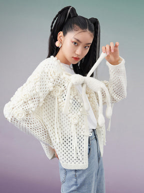 MUKZIN Three-dimensional Crochet Hollow Mesh Mohair White Cardigan