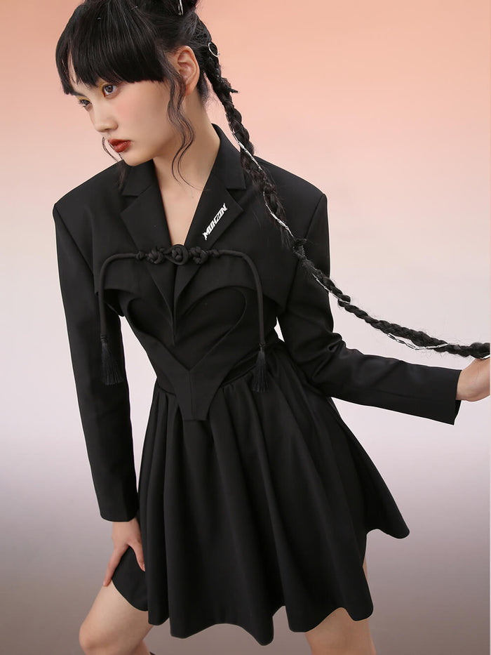 MUKZIN Black Heart Pleated Midi Blazer Dress-mid length style dress