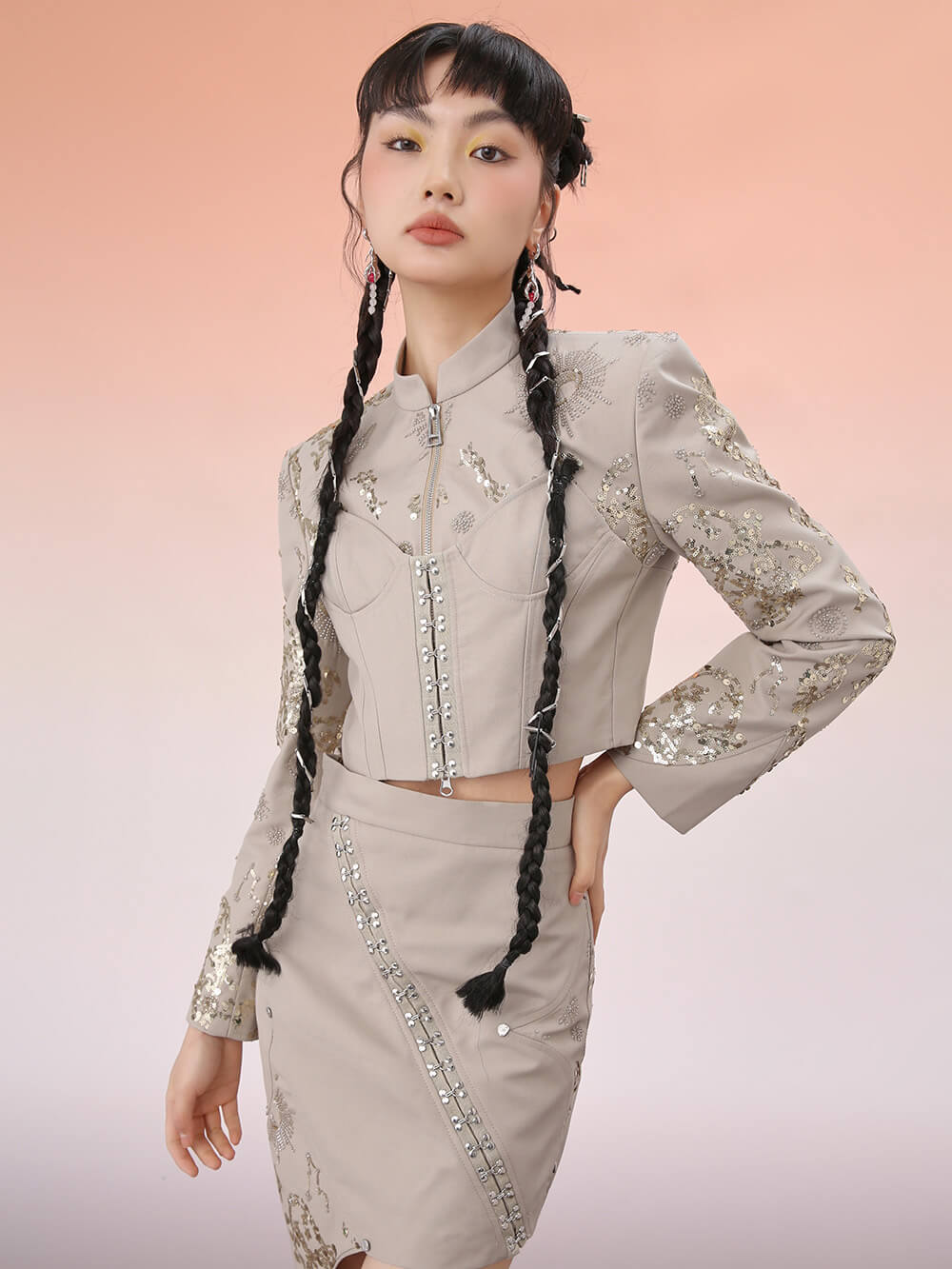 MUKZIN Short Cheongsam Diagonal Collar Paillette Chinese Jacket