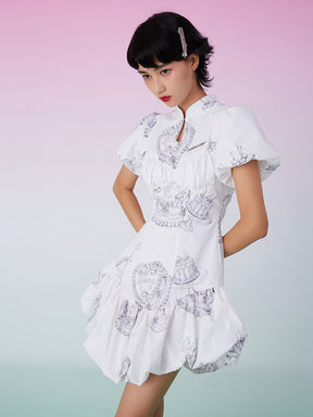 MUKZIN Ruffle Hem White Cheongsam