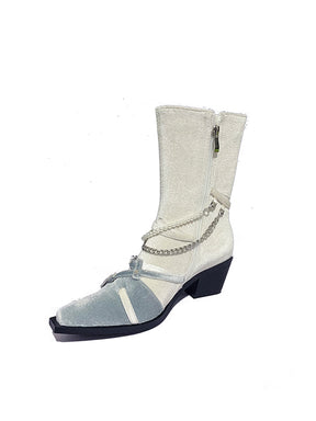 MUKTANK×AZ43 Silver Chain Chunky Heel Fashion Stitching Boots
