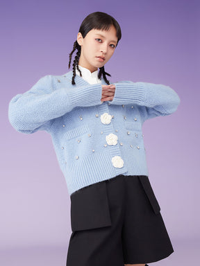 MUKZIN Knit V-Neck Rhinestone Studded Floral Button Blue Sweater