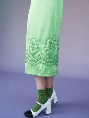 MUKZIN Silk Satin Embroidered Green Straight Midi Skirt