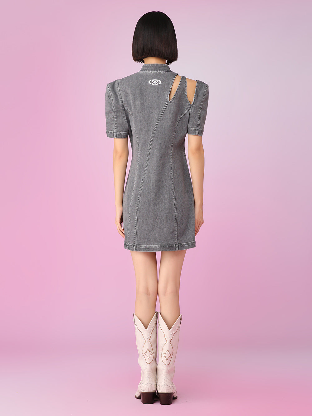 MUKZIN Gray Denim Openwork Slit Simple Dresses