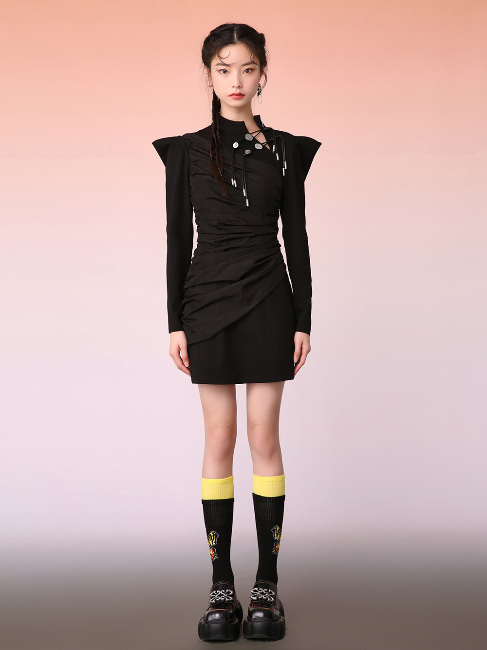 MUKZIN Mid-Length Slanted Placket Black Cheongsam Dress