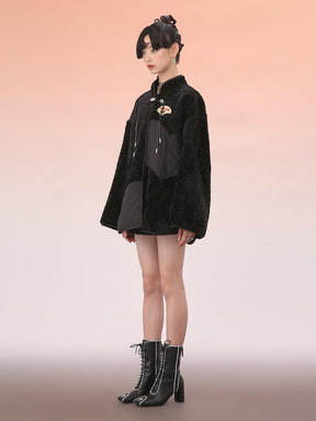 MUKZIN Cropped Black Patchwork Fur Coat