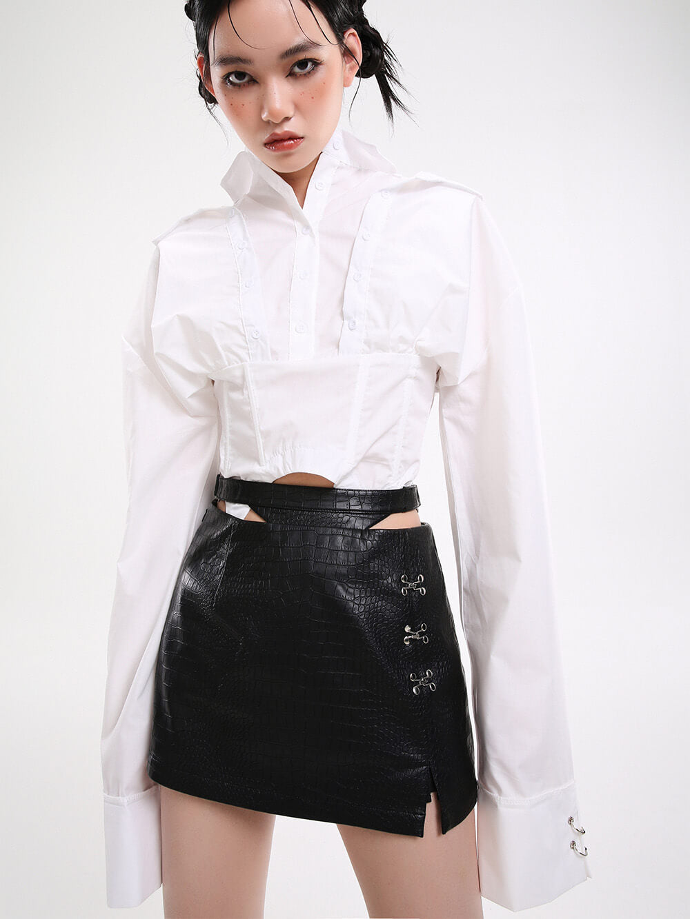 MUKZIN Black Waist Cutout Leather Skirt