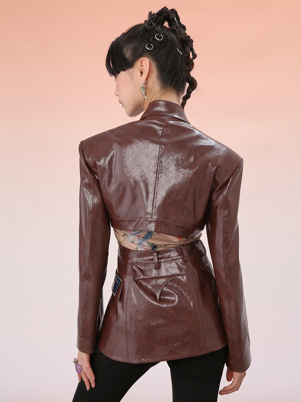 MUKZIN Mid-Length Exquisite Textured Brown PU Blazer Coat
