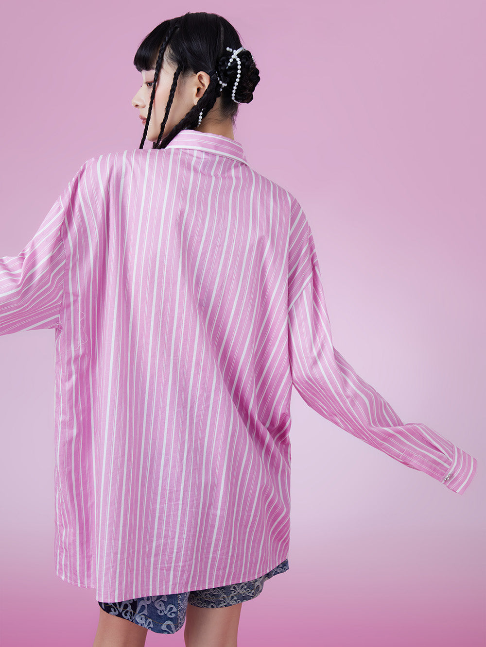 MUKZIN Pink Stripe Kitten Printting Loose Shirts