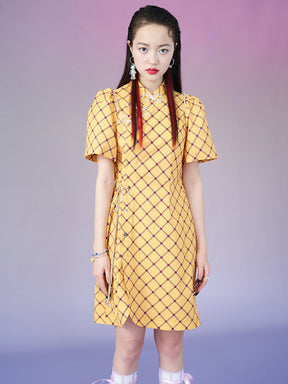MUKZIN Yellow Plaid Slimming Original Dresses