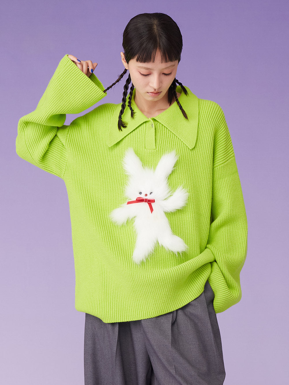 MUKZIN Rib-Knit Retro Loose Polo Neck Pullover Green Sweater