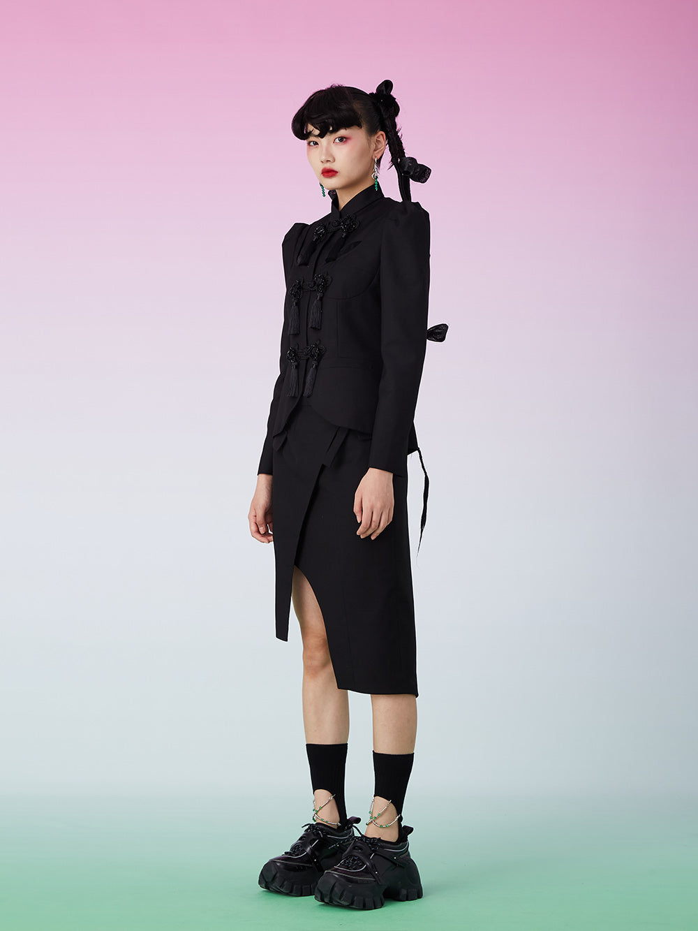 MUKZIN Shoulder Pads Fringe Black Suit Coat