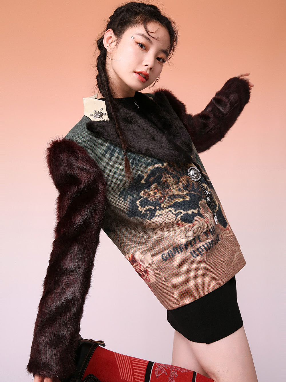 MUKZIN Brown Joint Print Fashion Cropped Coat