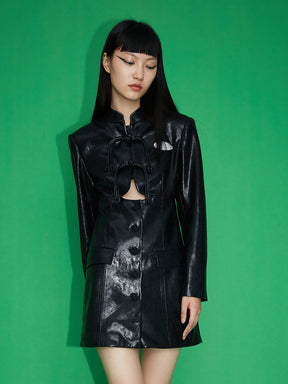 MUKZIN Leather Cut Out Black Reformed Cheongsam Cutout Dress