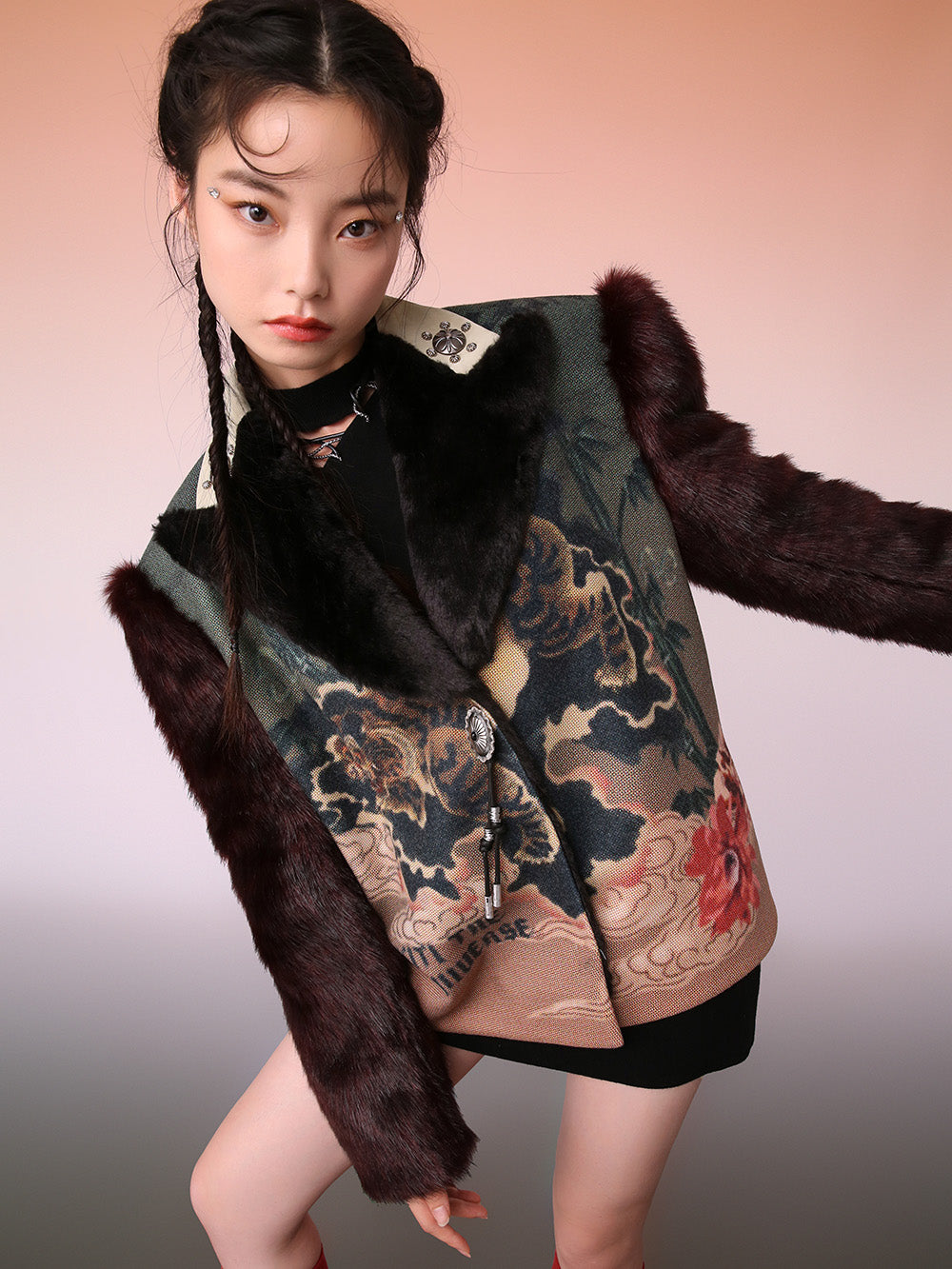 MUKZIN Brown Joint Print Fashion Cropped Coat