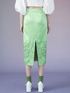 MUKZIN Silk Satin Embroidered Green Straight Midi Skirt