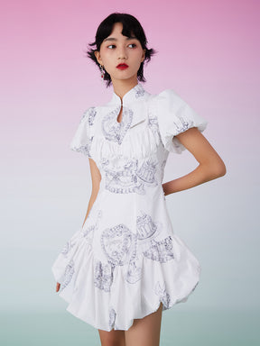 MUKZIN Ruffle Hem White Cheongsam