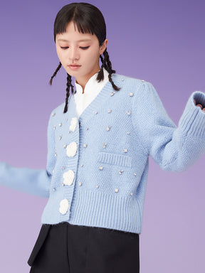 MUKZIN Knit V-Neck Rhinestone Studded Floral Button Blue Sweater
