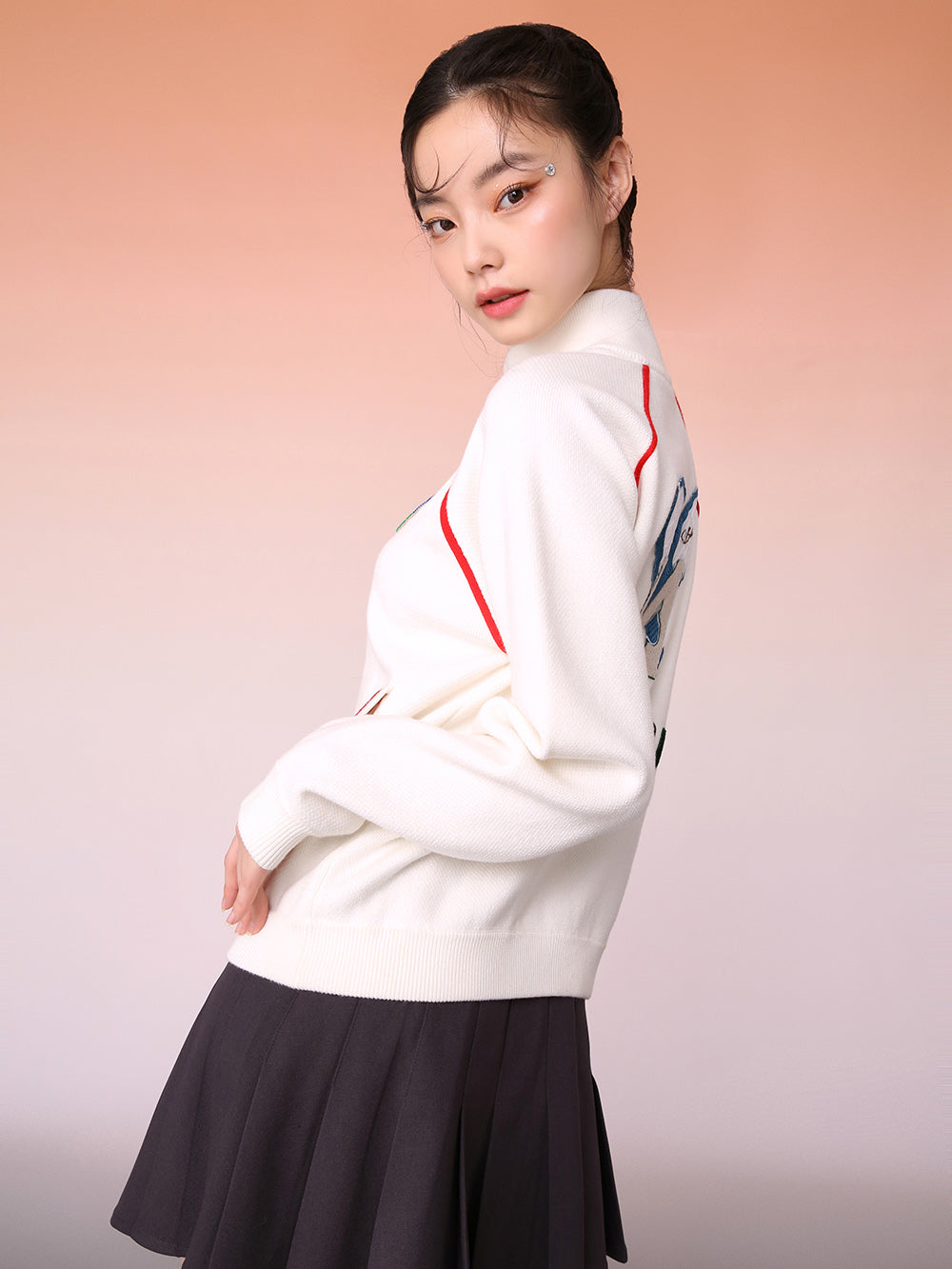 MUKZIN White And Red Contrast Color Mosaic Casual Sports Knitted Jacket