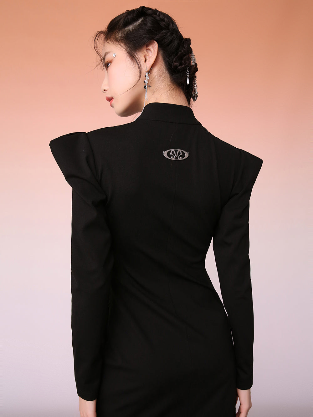 MUKZIN Mid-Length Slanted Placket Black Cheongsam Dress