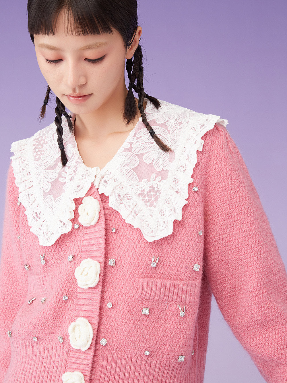 MUKZIN Knit V-Neck Rhinestone Studded Floral Button Pink Sweater