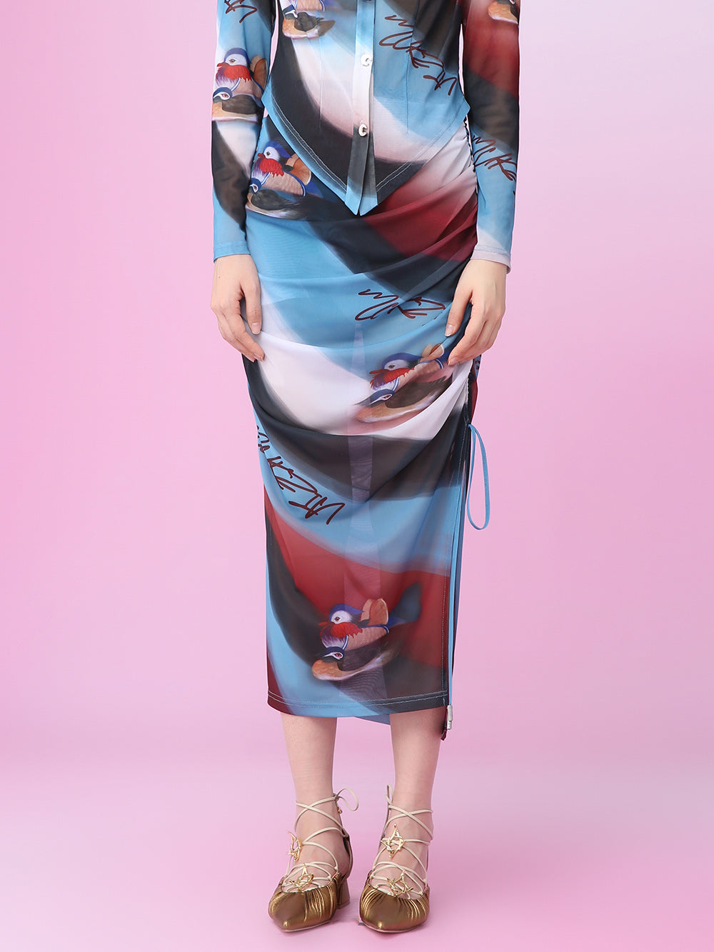 MUKZIN Sheer Fabric Mandarin Duck Print Skirts