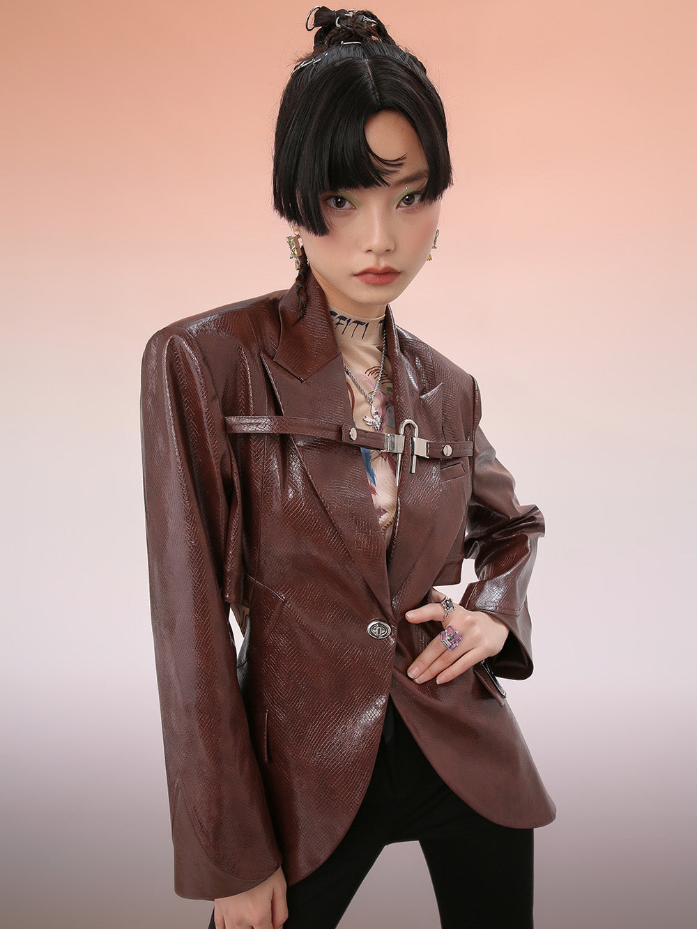 MUKZIN Mid-Length Exquisite Textured Brown PU Blazer Coat