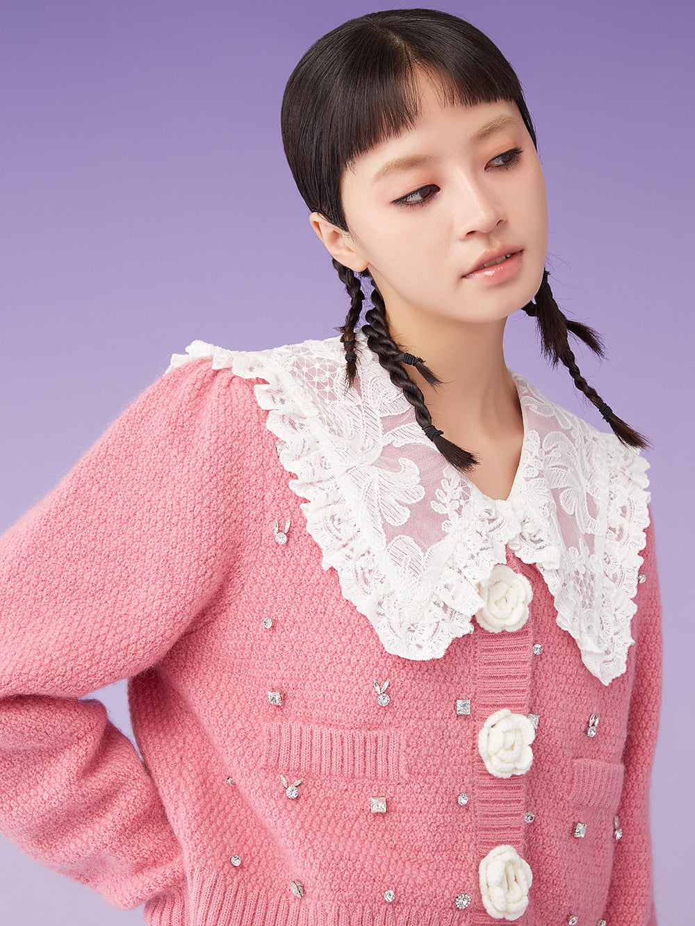 MUKZIN Knit V-Neck Rhinestone Studded Floral Button Pink Sweater