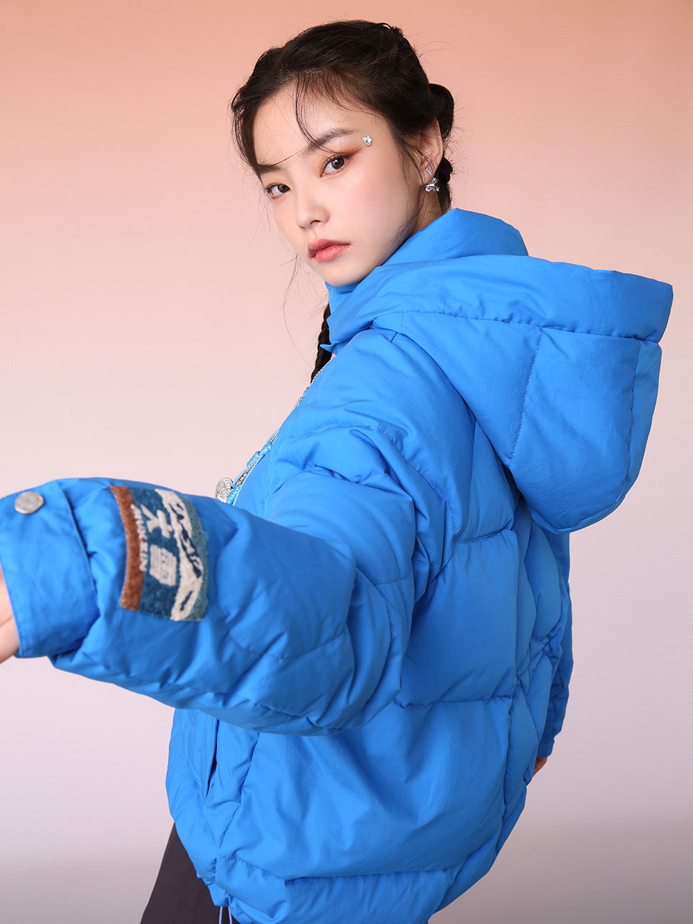 MUKZIN Blue Mid-length Down Jacket With Hand-Woven Hat Rope