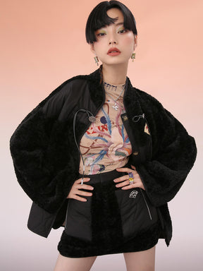 MUKZIN Cropped Black Patchwork Fur Coat