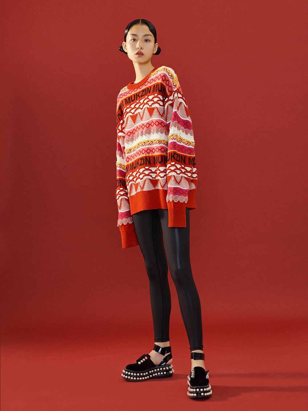 MUKZIN Knit Woolen Contrast Red Orange Sweater