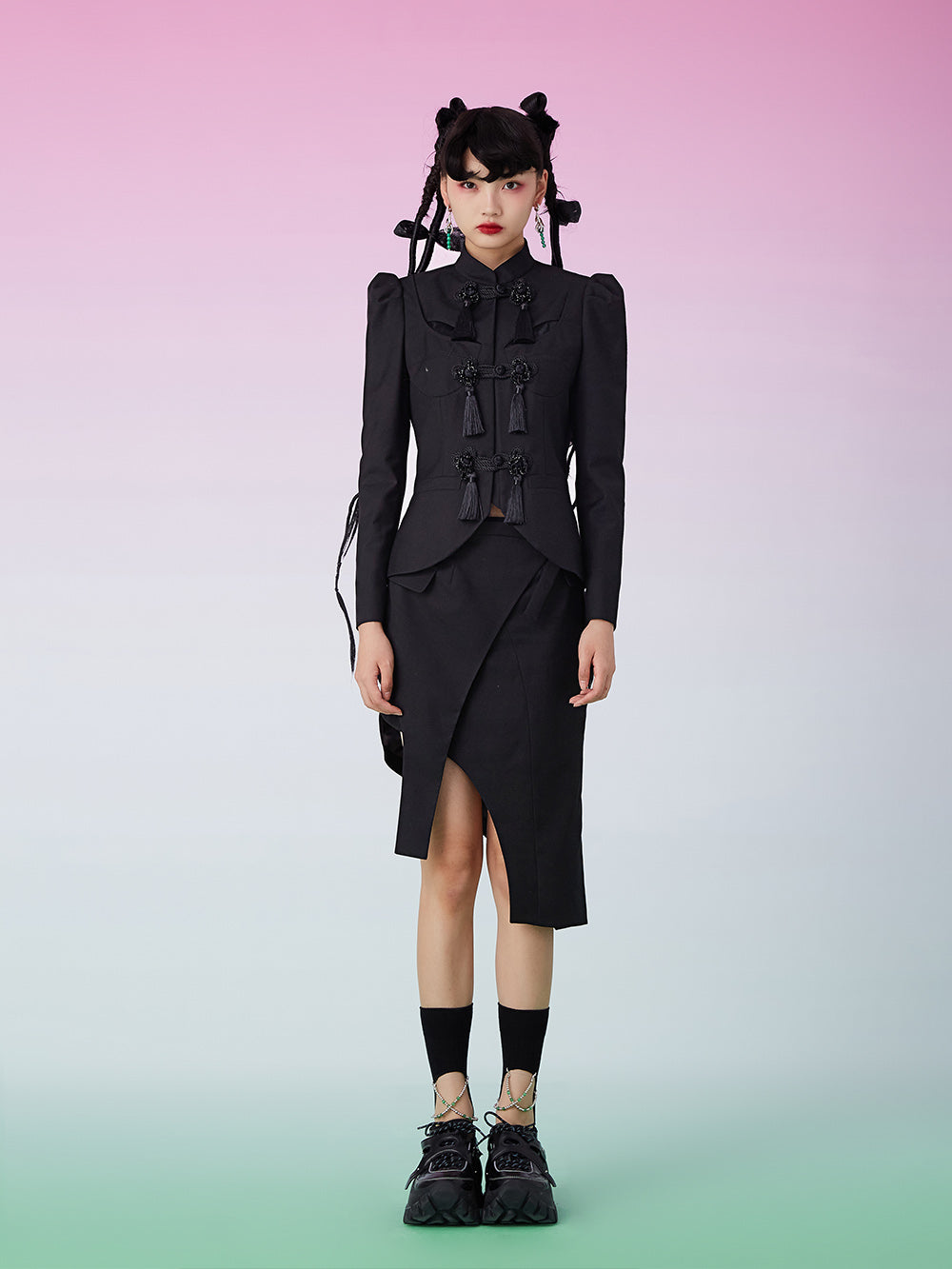 MUKZIN Shoulder Pads Fringe Black Suit Coat