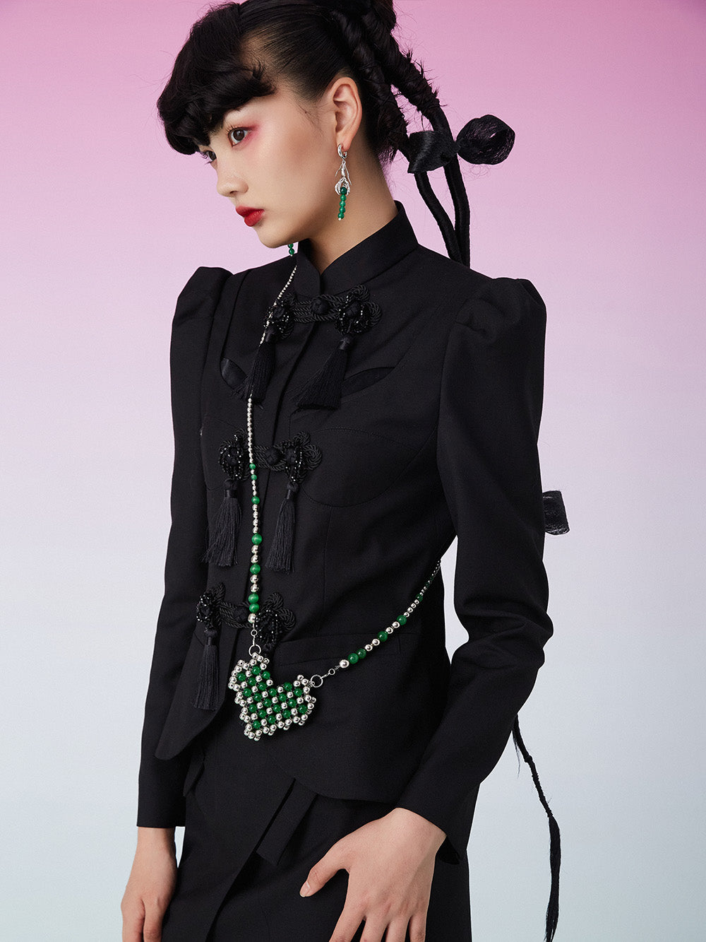 MUKZIN Shoulder Pads Fringe Black Suit Coat