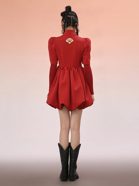 MUKZIN Sleeve Split Red Pleated Midi Dress