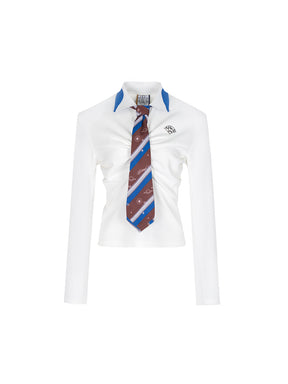 MUKZIN White OL Pleated Plain Tie Classic Shirts