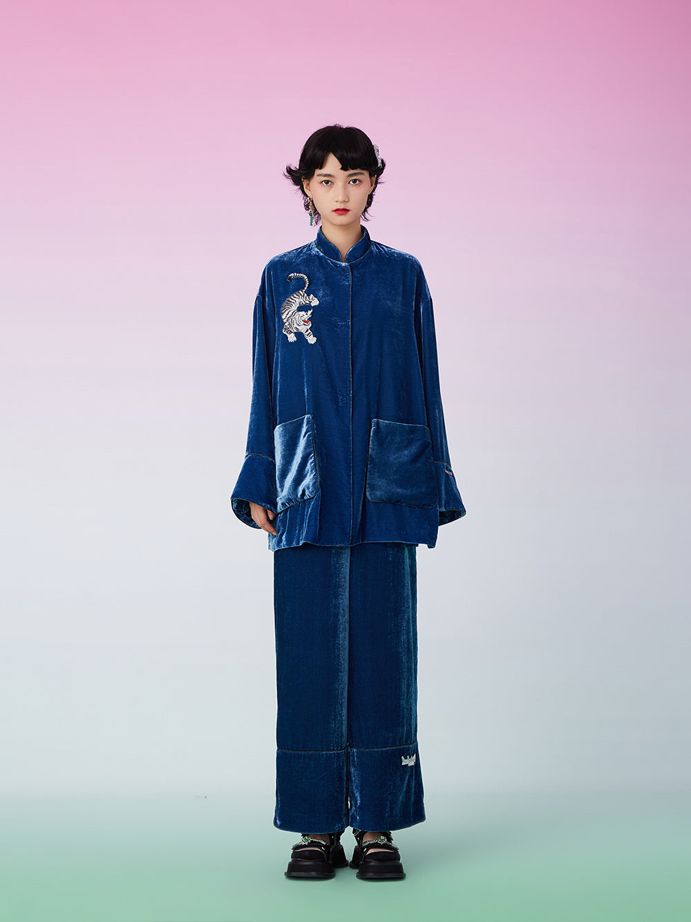 MUKZIN Silk Velvet Retro Loose Straight Blue Wide Leg Pants CNY “year of the tiger” Edition