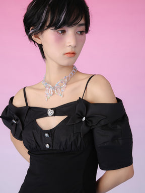 MUKZIN Black Slim Collar Bow Cutout Dress