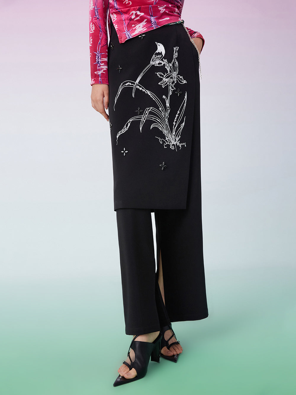 MUKZIN Floral Embroidery Fake Layered Split Black Wide Leg Pants