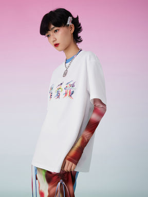 MUKZIN White Casual Versatile Chinese Words Printed T-Shirt